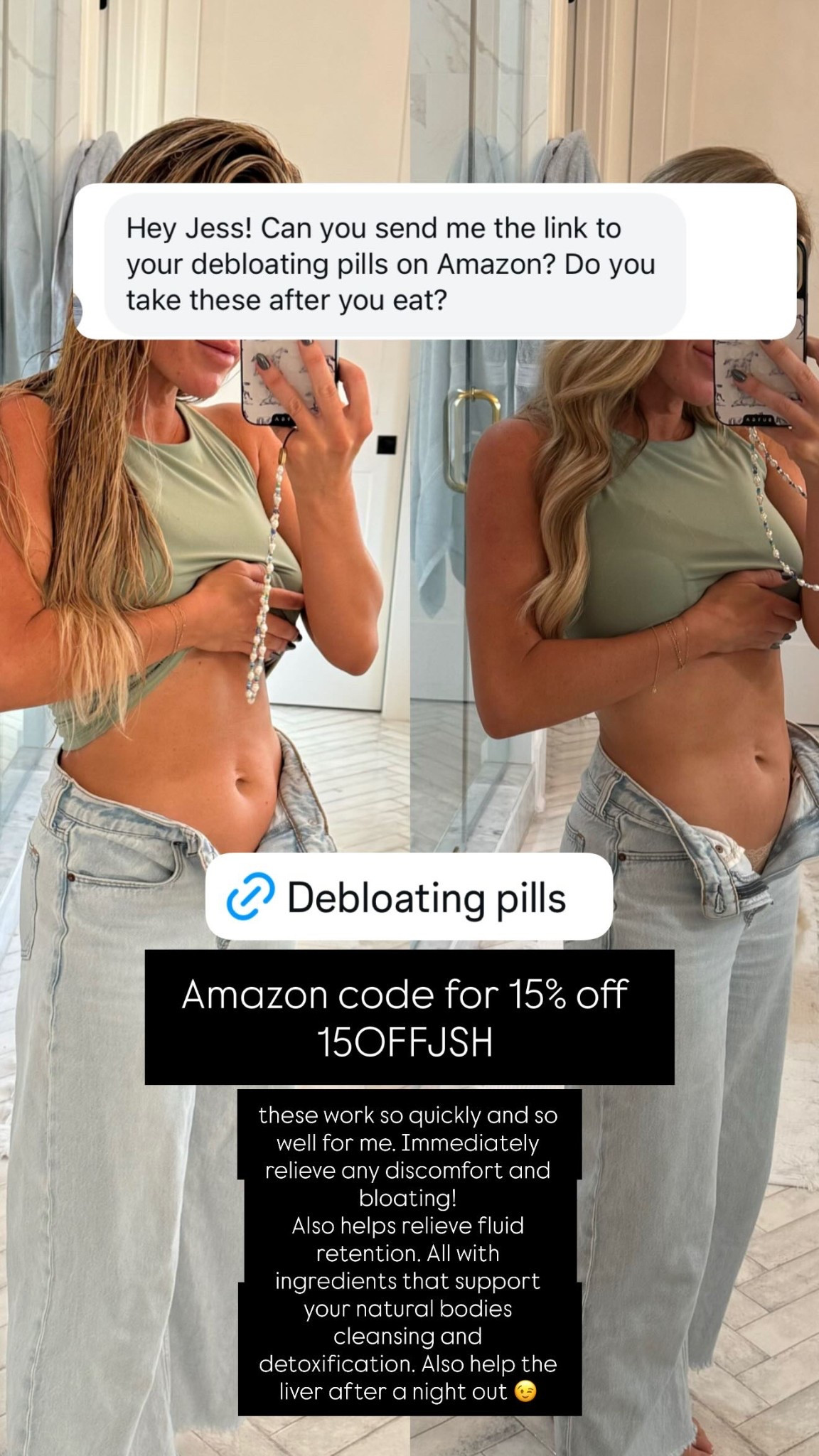 Amazon code for 15% off 15OFFJSH these work so quickly and so well for me. Immediately relieve any discomfort and bloating! 
Also helps relieve fluid retention. All with ingredients that support your natural bodies cleansing and detoxification. Also help the liver after a night out 😉
