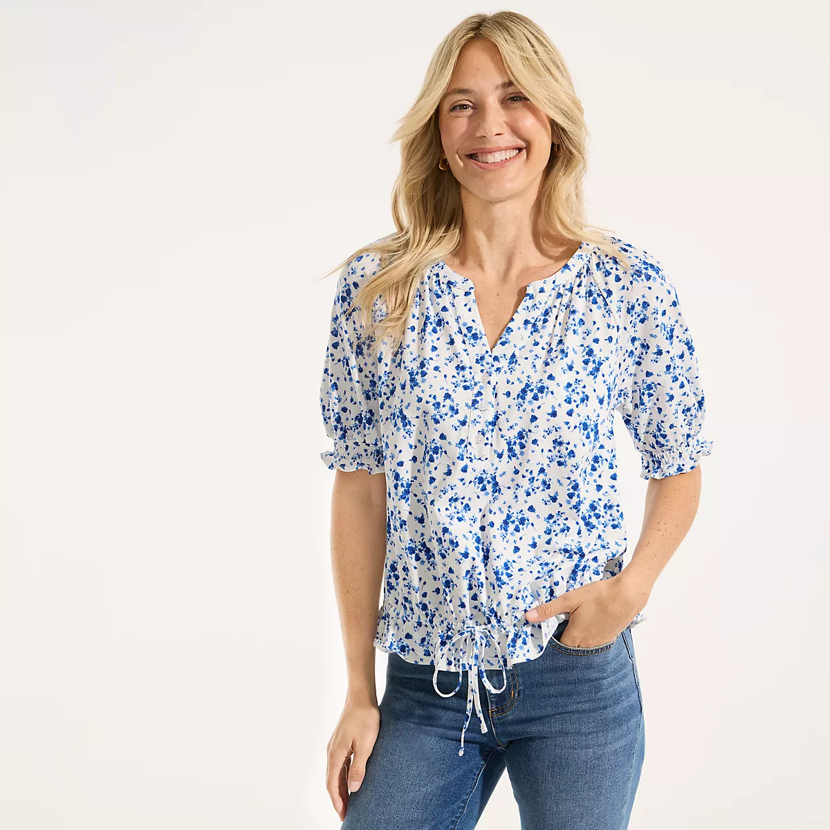 Women's Elbow Sleeve Lightweight Jersey Gathered Adjustable Hem Blouse | Lands' End (US)