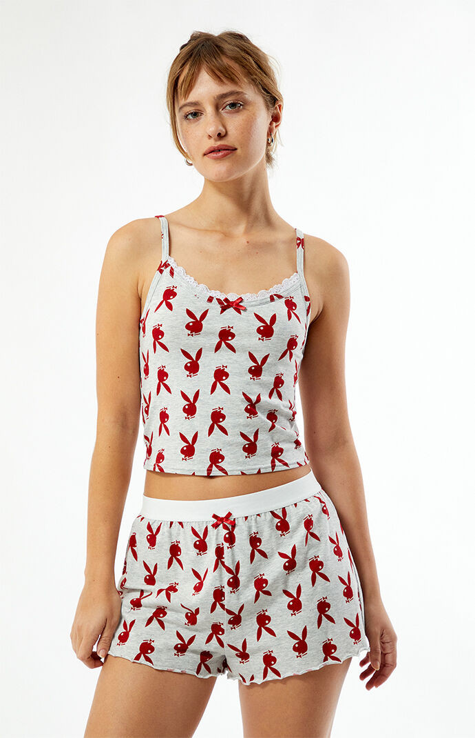Playboy By PacSun Women's Bunny Print Bow Tank Top in Heather Grey - Size Medium | PacSun