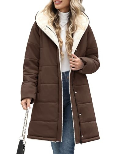 VXVGER Women Winter Down Coat Fleece Long Warm Jacket Hooded Parka Puffer Coat Padded Fashion Outerwear(Coffee,M) | Amazon (US)