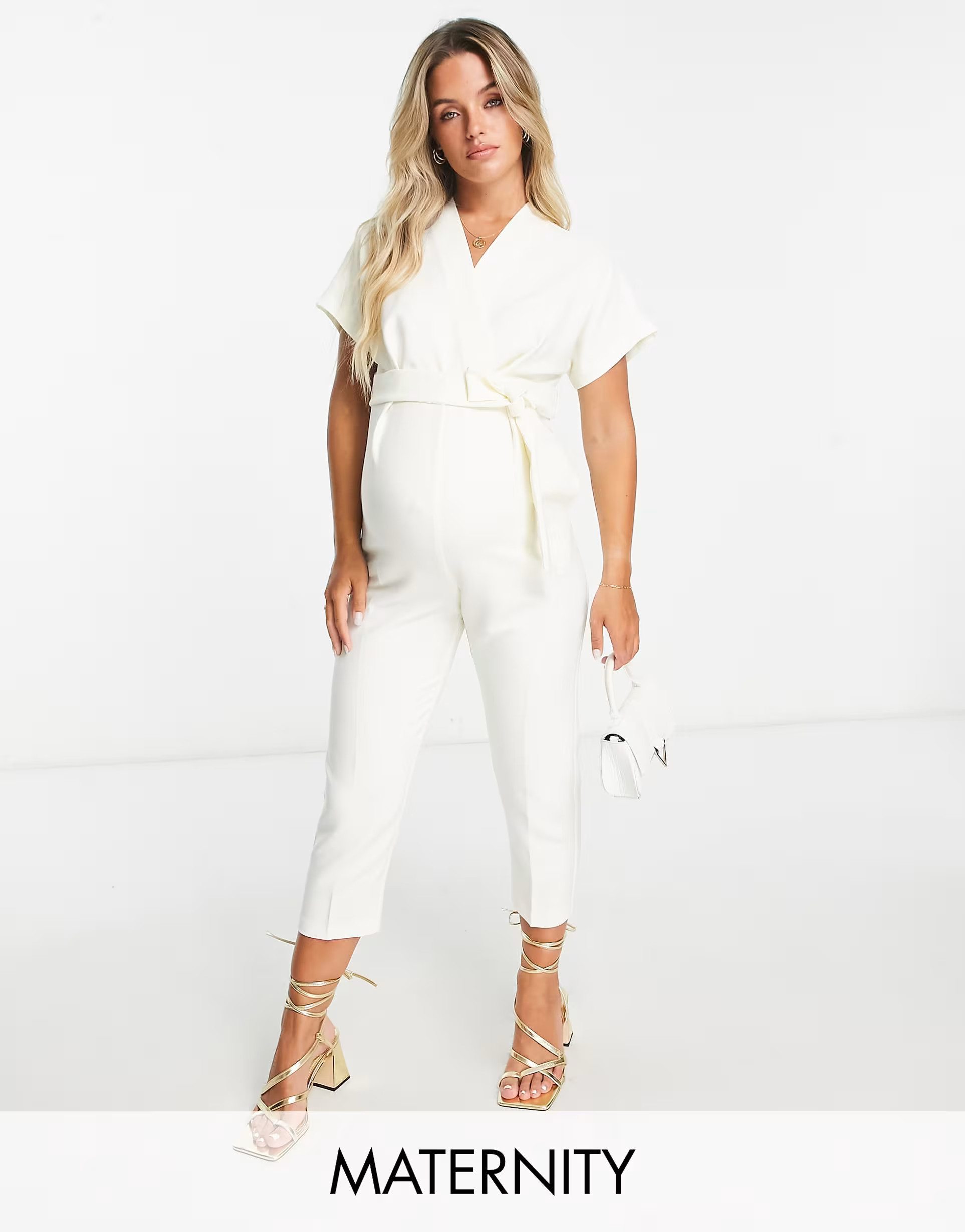 Closet London Maternity tie waist kimono jumpsuit in cream | ASOS (Global)