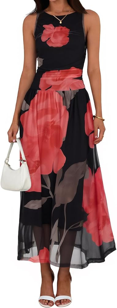 Wenrine Womens Summer Floral Maxi Dress Casual Sleeveless A Line Swing Flowy Beach Vacation Tank ... | Amazon (US)