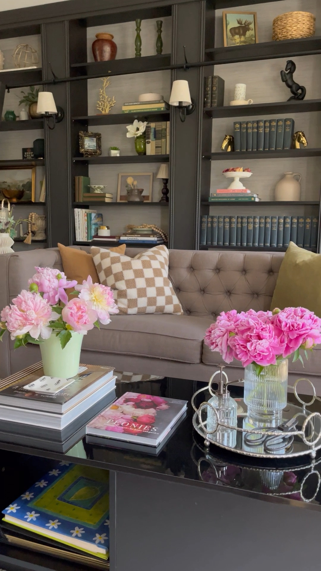 Peony season! Spring flowers in the home! Home decor ideas, home library, living room, home spaces. 

#LTKstyletip #LTKhome #LTKSeasonal