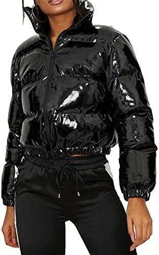 Bowanadacles Women Colorful Patent Leather Down Jacket Long Sleeve Stand Collar Quilted Puffer Ja... | Amazon (US)