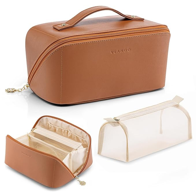 Vlando Travel Makeup Bag,Travel Gifts for Women,Brown Leather Make up Bag for Women,Makeup Brushe... | Amazon (US)