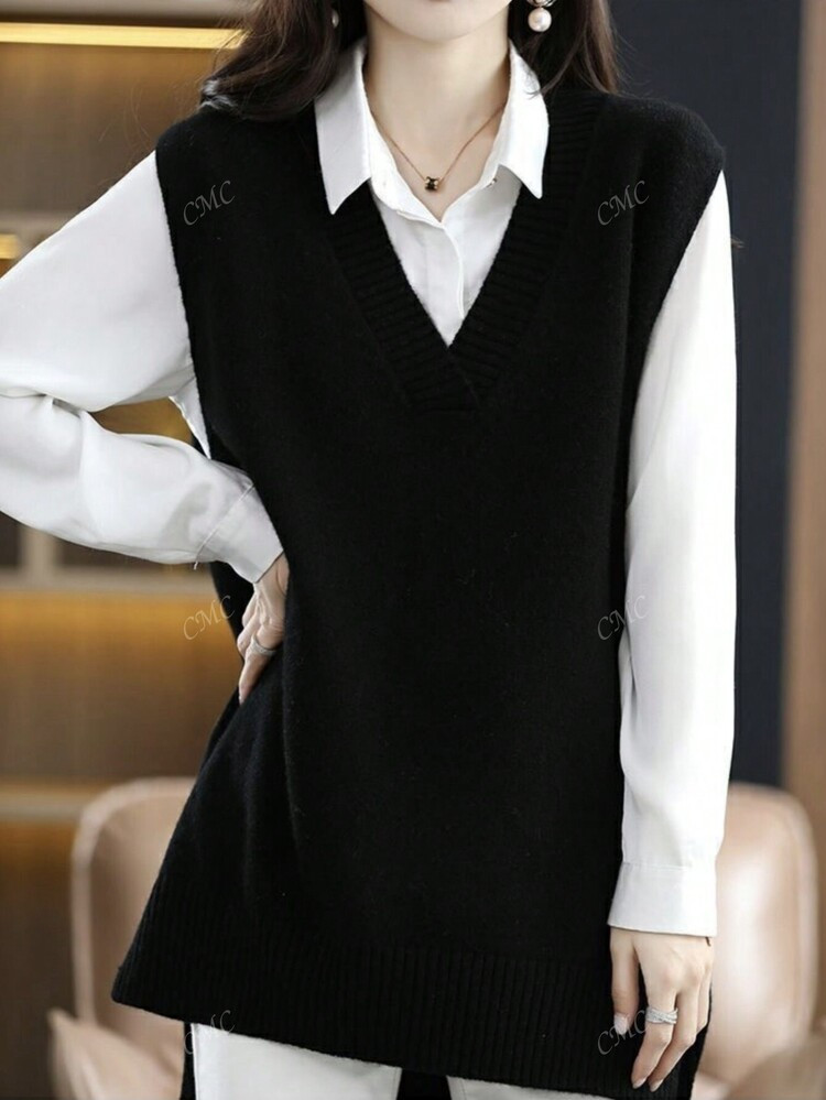 CMC Minimalist V-Neck Sleeveless Pullover Solid Color Retro Elegant Women Knitted Sweater Vest, A... | SHEIN
