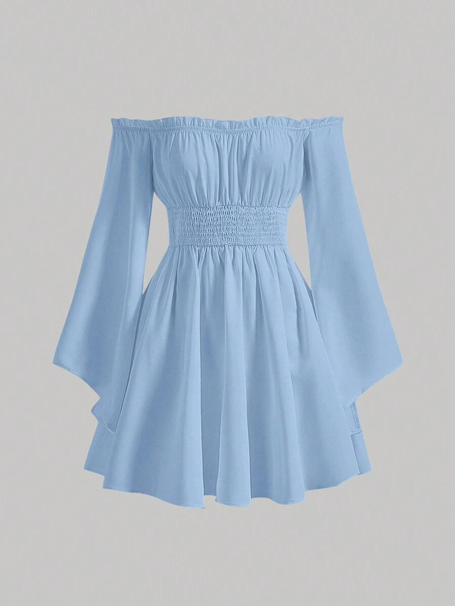 SHEIN MOD Off Shoulder Trumpet Sleeve Dress,Pastel Dresses For Women | SHEIN