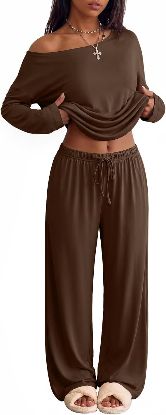 Ekouaer Womens Pajama Sets Off Shoulder Lounge Set 2 Piece Long Sleeve PJs | Amazon (US)