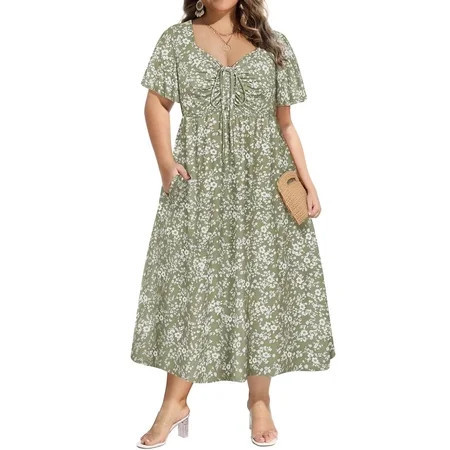 CASSIE LIZ Plus Size Dresses 3X Summer Midi Womens Sun Dresses Green Floral Boho Beach Short Sleeve V Neck Loose Fit Easter Spring Party Dresses with Pocket 3XL 22W 24W | Walmart (US)