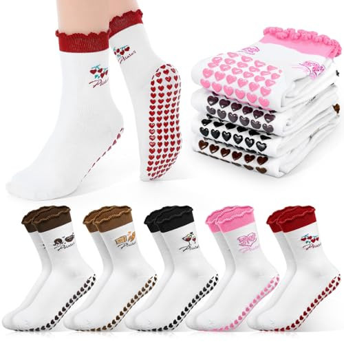 Jeyiour 10 Pair Pilates Socks for Women Ruffle Cuff Grips Yoga Non Slip Athletic Sock Ballet Crew Stocking(Cute) | Amazon (US)