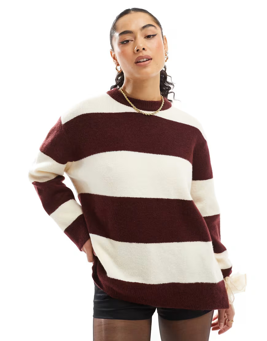 Stradivarius soft touch round neck sweater in burgundy stripe-Red | ASOS (Global)
