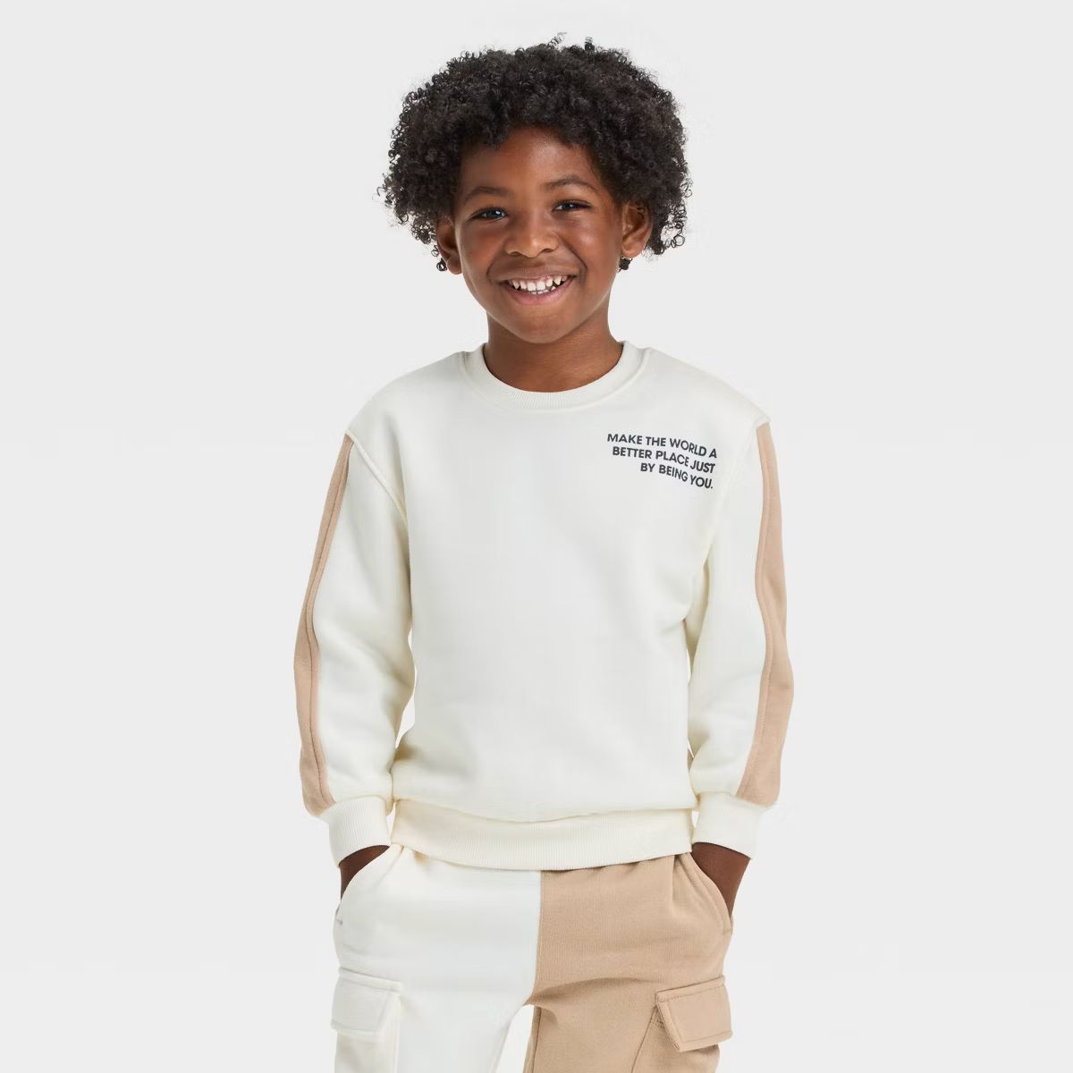 Grayson Mini Toddler Boys' Being You Contrast Panel Fleece Crewneck Pullover T-Shirt - Cream | Target