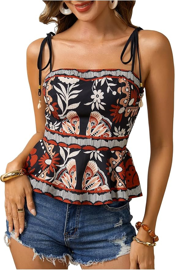 RoseSeek Women's Summer Boho Peplum Top Spaghetti Strap Cami Tops | Amazon (US)