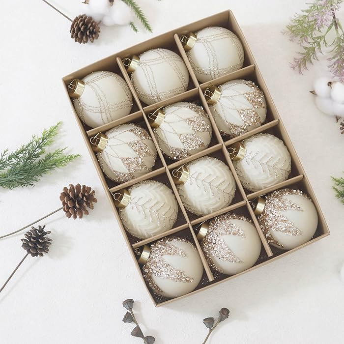 3.15INCH Beige Velvet Ornaments for Christmas Tree, 12PCS Glitter Flocked Christmas Ornaments Dec... | Amazon (US)