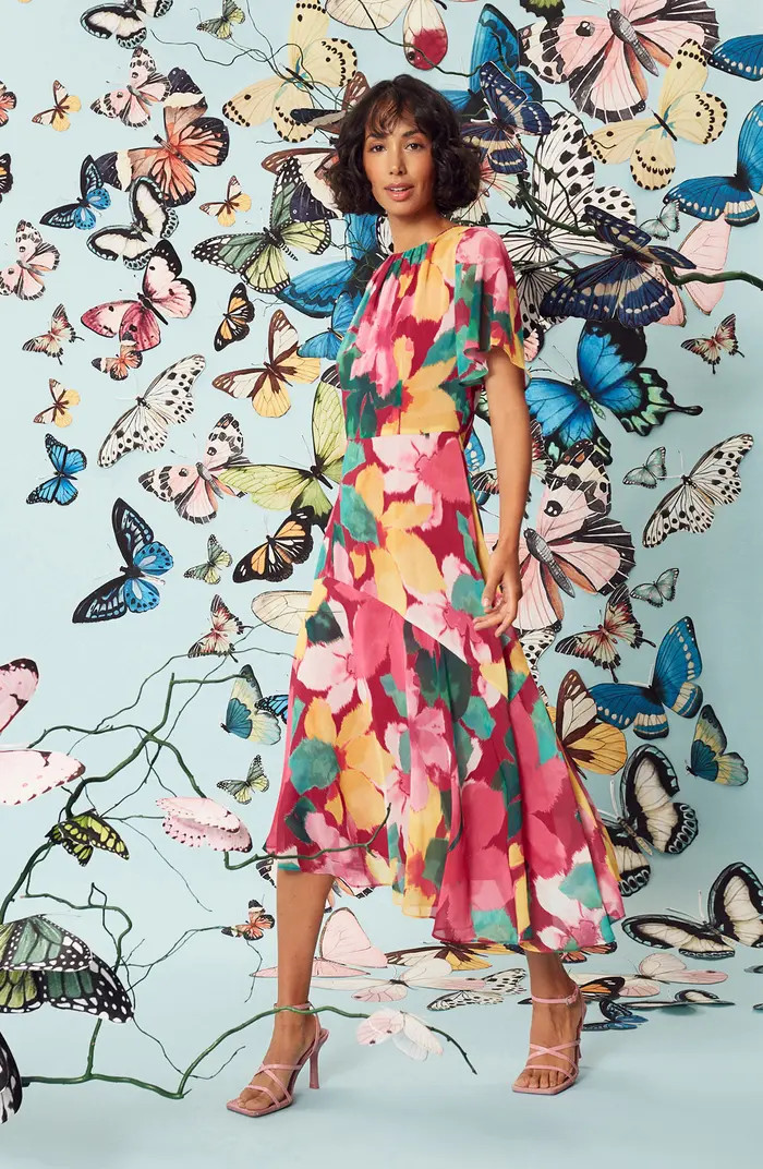 Print Flutter Sleeve Asymmetric Midi Dress | Nordstrom