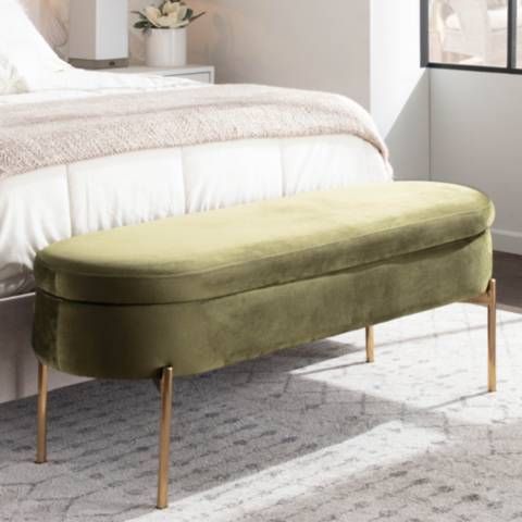 Chloe Green Velvet and Gold Metal Modern Storage Bench | Lamps Plus