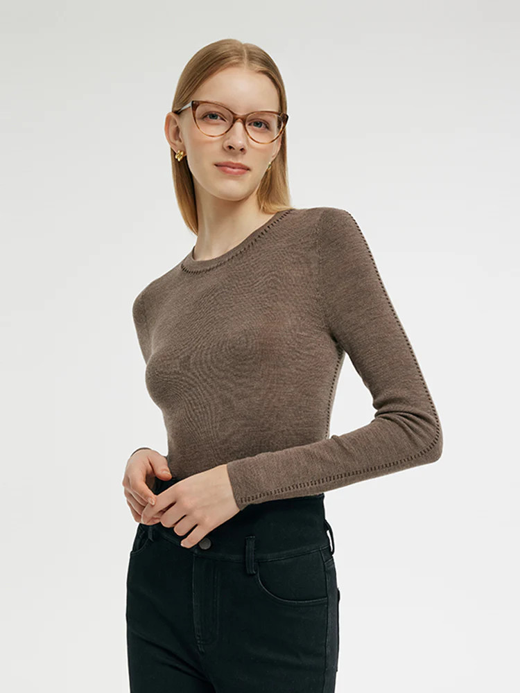 Machine Washable Wool Women Knit Top - Heather Brown / XXS | GOELIA