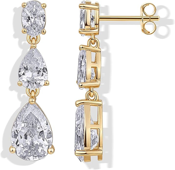 14K Gold Plated Cubic Zirconia Dangle Earrings for Women - Crystal Long Linear Bridal Drop Earrin... | Amazon (US)
