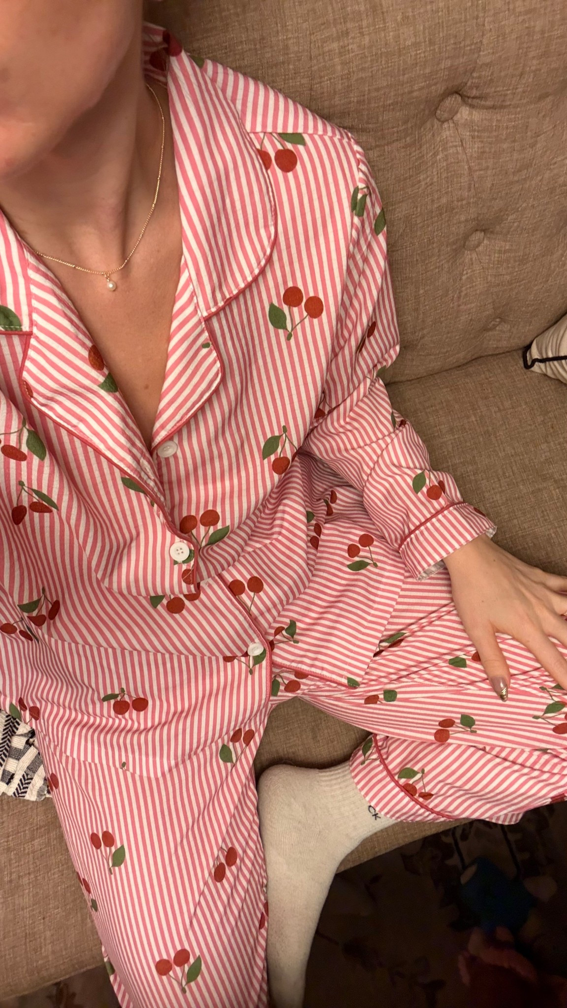 Pink and white stripe cherry pajamas, size medium, lighter breathable fabric, no pockets or drawstring but it dues have a generous elastic waistband 🍒

#LTKootd #LTKFindsUnder50 #LTKmomlife