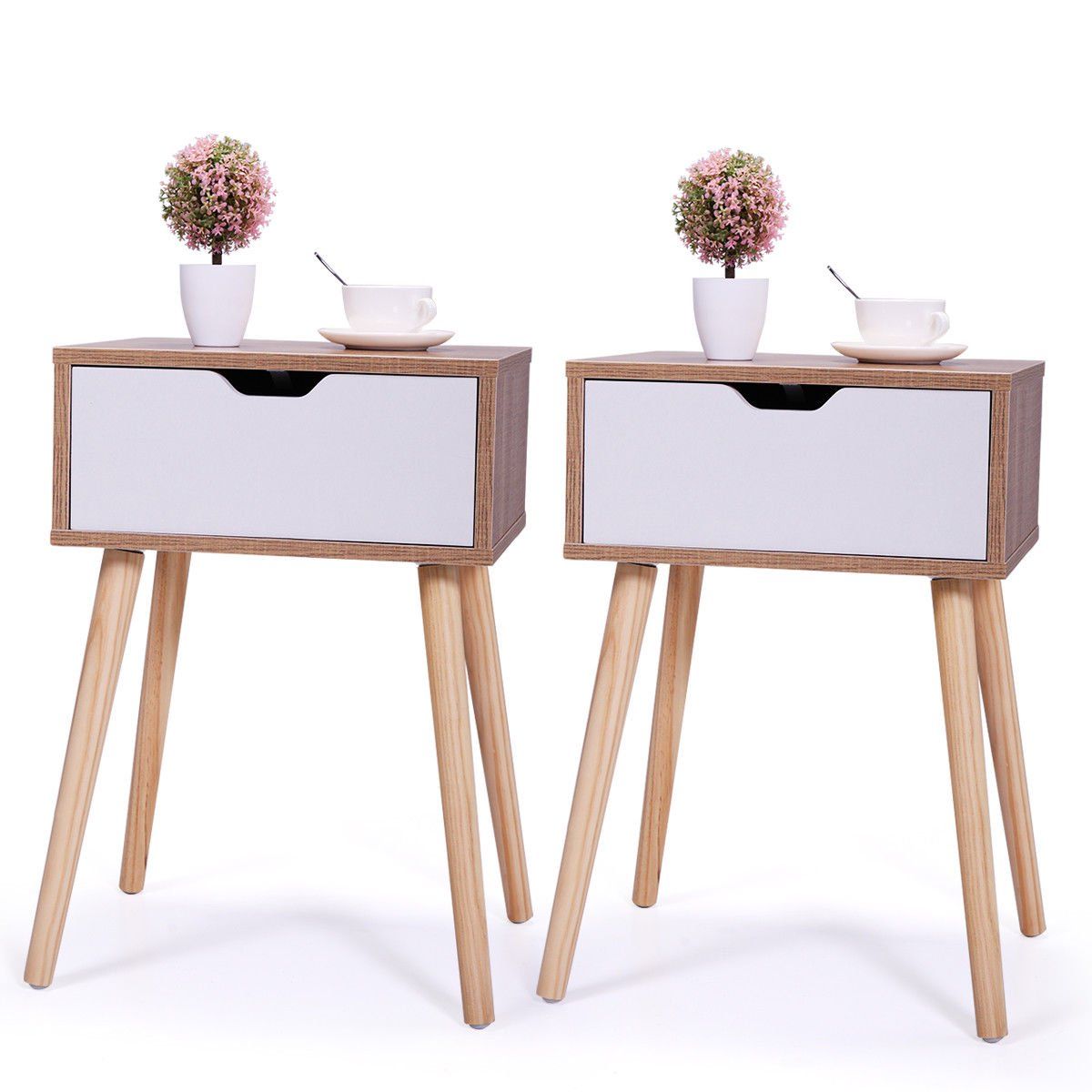 Topcobe Night Stand Set of 2, White End Table with Drawer, Modern Design Wood Leg Storage Cabinet... | Walmart (US)