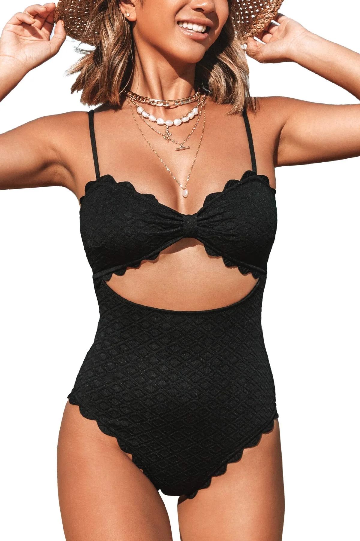 Cupshe Women's One Piece Swimsuit Sexy Black Cutout Scallop Trim Bathing Suit, XXL | Walmart (US)