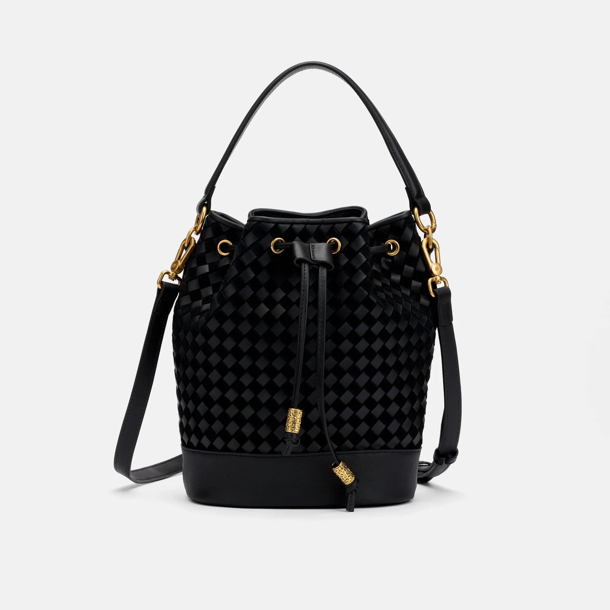 Nora Black Woven Leather Bucket Bag | Marc Nolan