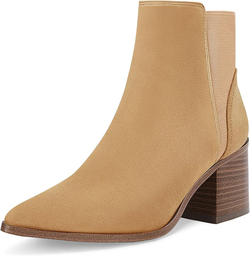 Coutgo Womens Pointed Toe Ankle Boots Elastic Chunky Block Stacked Mid Heel Slip On Chelsea Booti... | Amazon (US)
