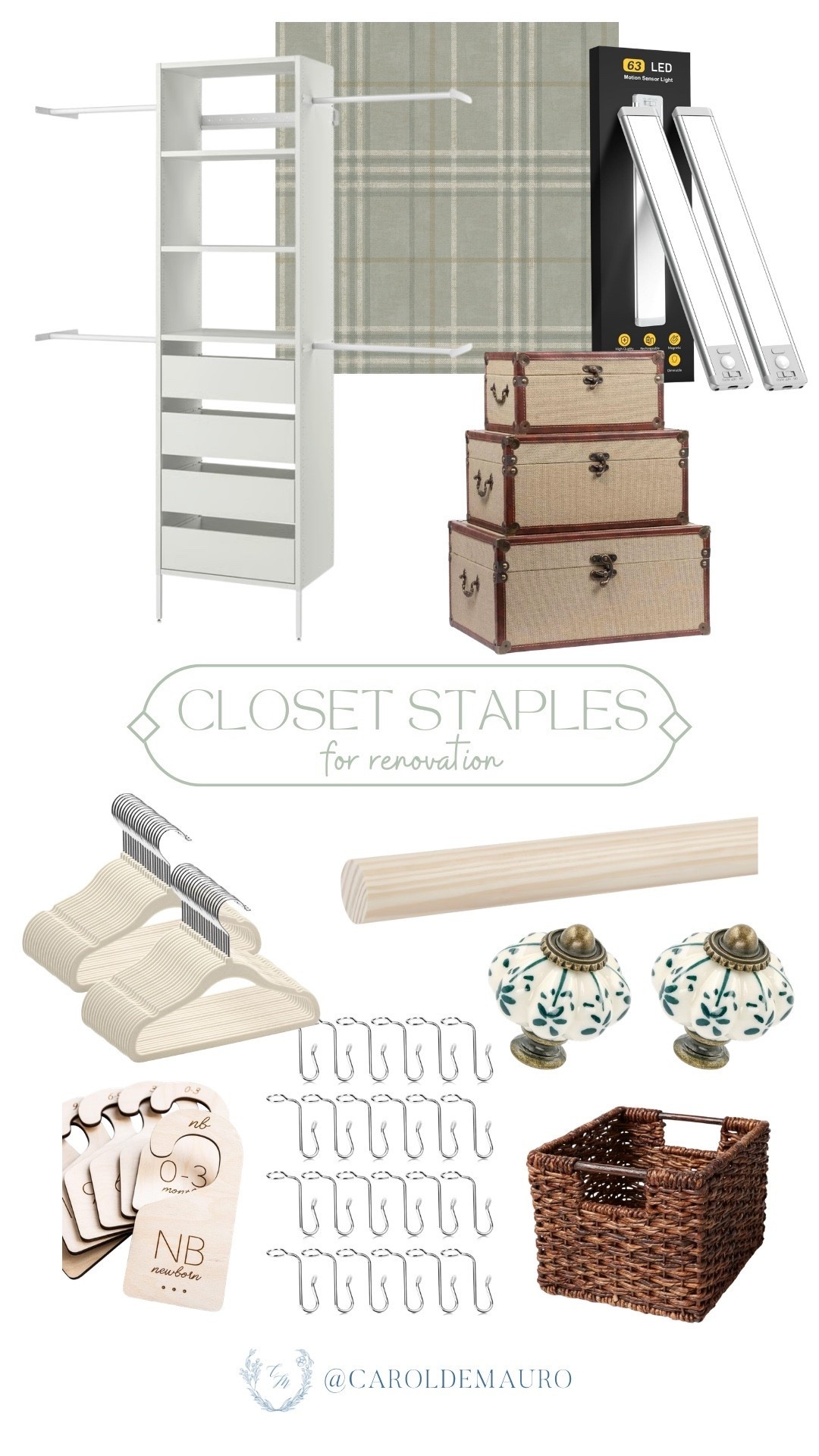 Level up your closet renovation with functional staples like the white tower organizer, motion sensor LED lights, and woven storage trunks! Add those perfect finishing touches with velvet hangers, wooden hanger dividers, and decorative ceramic knobs for a space that feels both organized and curated.

closet makeover, home organization, DIY home, modern home, farmhouse style, organization inspo, interior styling, bedroom finds

#LTKHome #LTKU #LTKSeasonal
