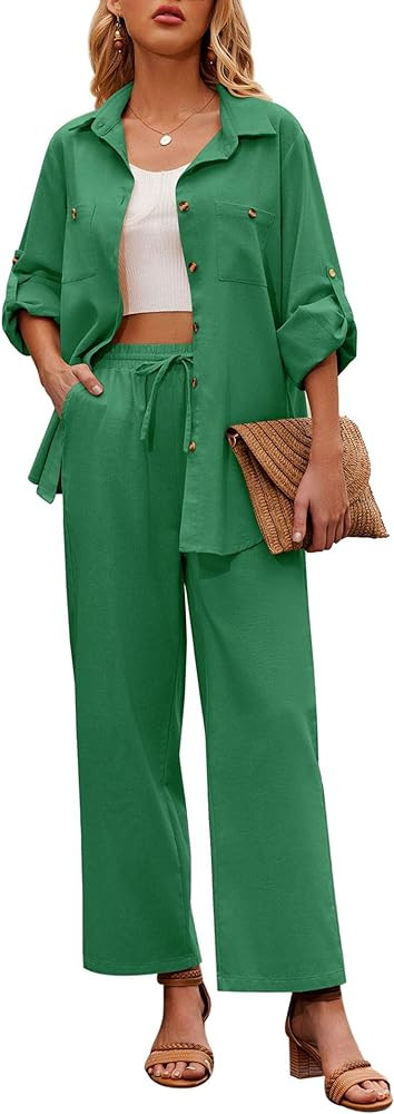Zeagoo Women 2 Piece Linen Sets 2023 Button Down Shirt and Drawstring Long Pants Set Summer Outfi... | Amazon (US)