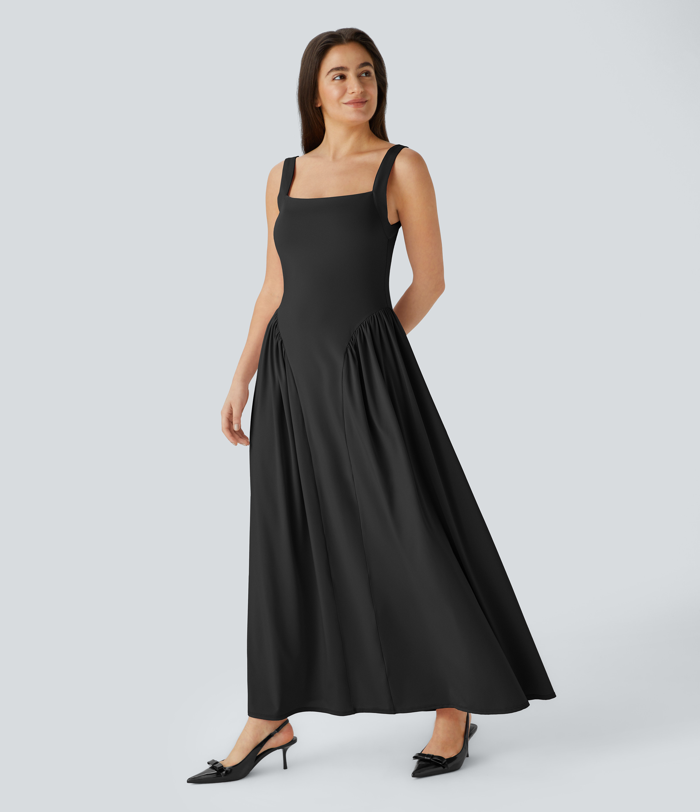 Halara Square Neck Maxi Dress Casual Dress - Black - S slip dress beach dress ruched dress halter dress exercise dress | HALARA