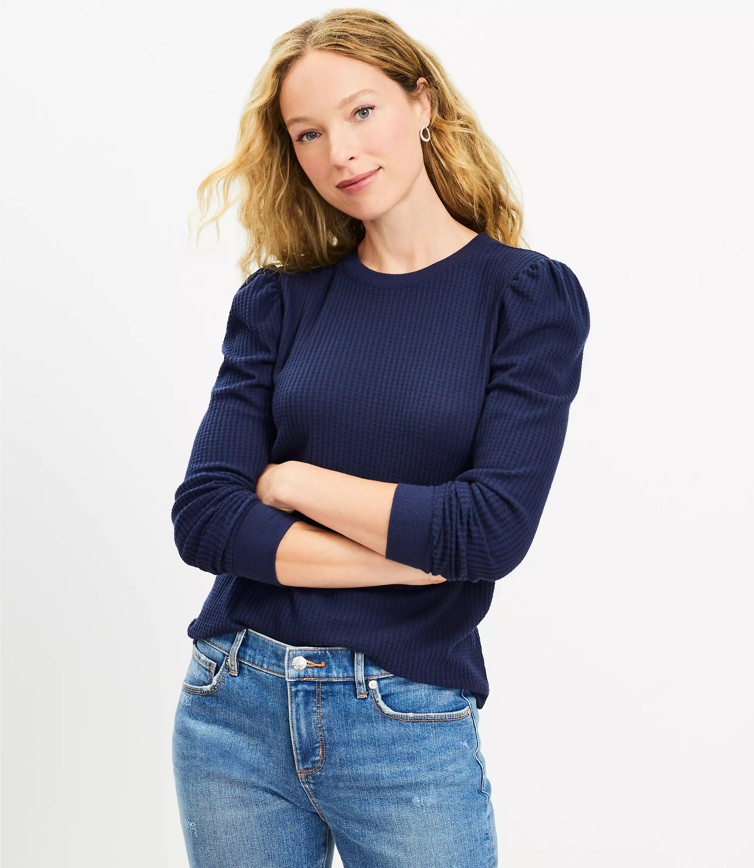 Brushed Waffle Puff Sleeve Top | LOFT