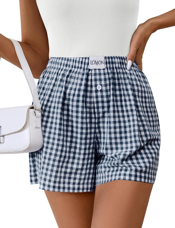 LOMON Womens Boxer Shorts Casual Summer Cotton Pajama Lounge Sleep Pj Gingham Plaid Shorts Y2K Be... | Amazon (US)