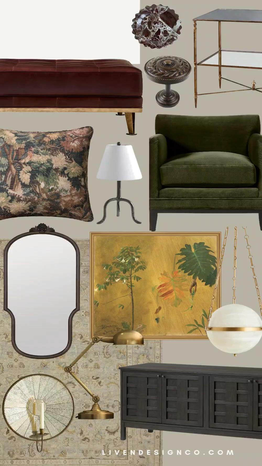 Refined and classic for the home. Home decor. Leather ottoman. Mid-century. Tapestry pillow. Living room. Velvet accent chair. Curtain tiebacks. Marble tray. Candle sconce. Sideboard. Cabinet. Traditional rug. Vintage style rug. Joon Loloi. Globe pendant. Antique brass library sconce

#LTKSeasonal #LTKHome #LTKSaleAlert