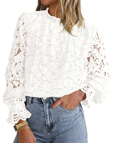 KIRUNDO Blouses for Women Dressy Casual Lace Long Sleeve Tops Mock Neck Ruffle Hem Shirts Fall Fashion Clothes(White, Medium) | Amazon (US)