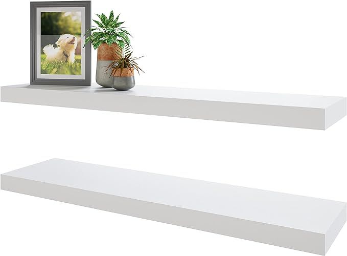 BAMEOS Floating Shelves, White Wall Mounted Wooden Shelves with Invisible Brackets Set of 2, Hang... | Amazon (US)