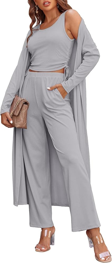 Ekouaer Women's 3 Piece Lounge Set Pajama Long Sleeve Cardigan Sleeveless Top Pants Sweatsuit S-X... | Amazon (US)