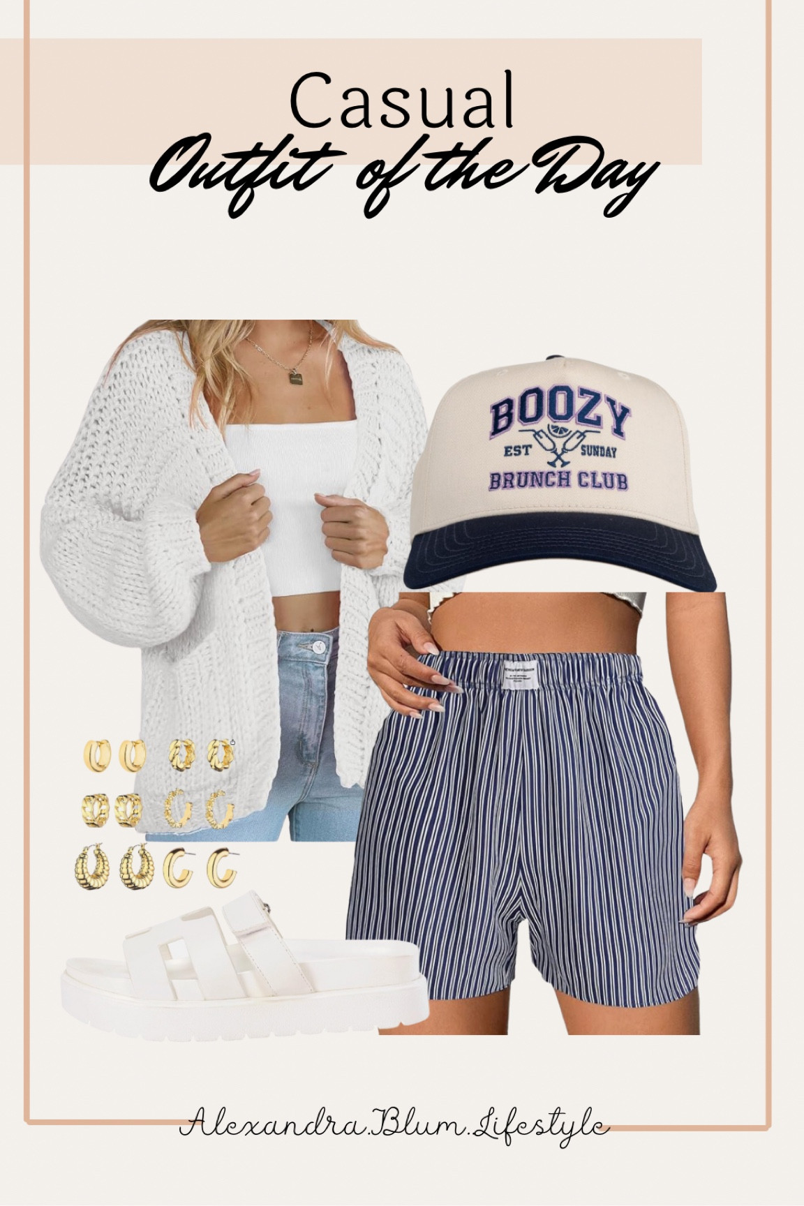 Casual outfit ideas from Amazon! Gold hoop huggie earrings, boxer shorts, white slide sandals, white cardigan sweater, and baseball trucker hats! Amazon fashion! Amazon trends! Amazon finds! 

#LTKStyleTip #LTKMidsize #LTKFindsUnder50