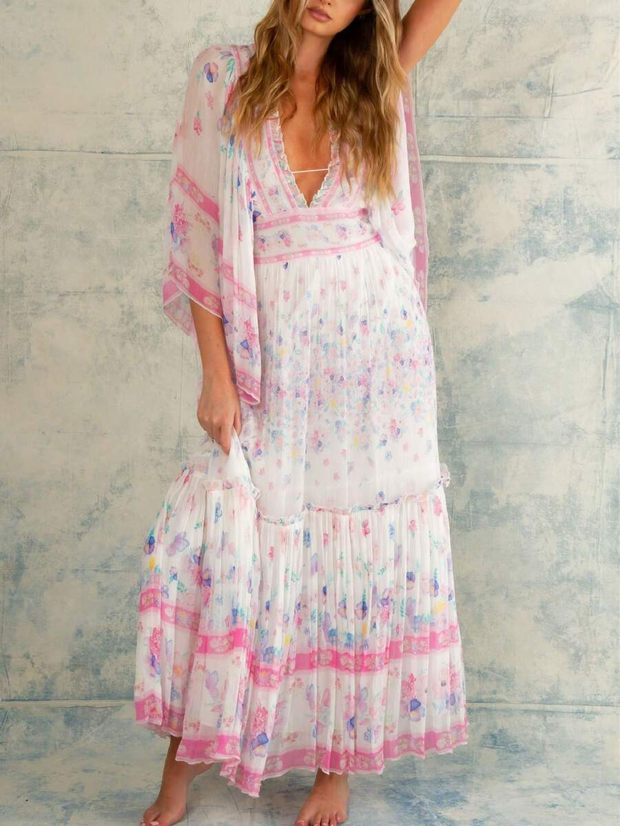 Women Long Sleeve Boho Maxi Dress Floral Printing V-Neck Tie Up Backless Casual Long Dress Flowy ... | SHEIN
