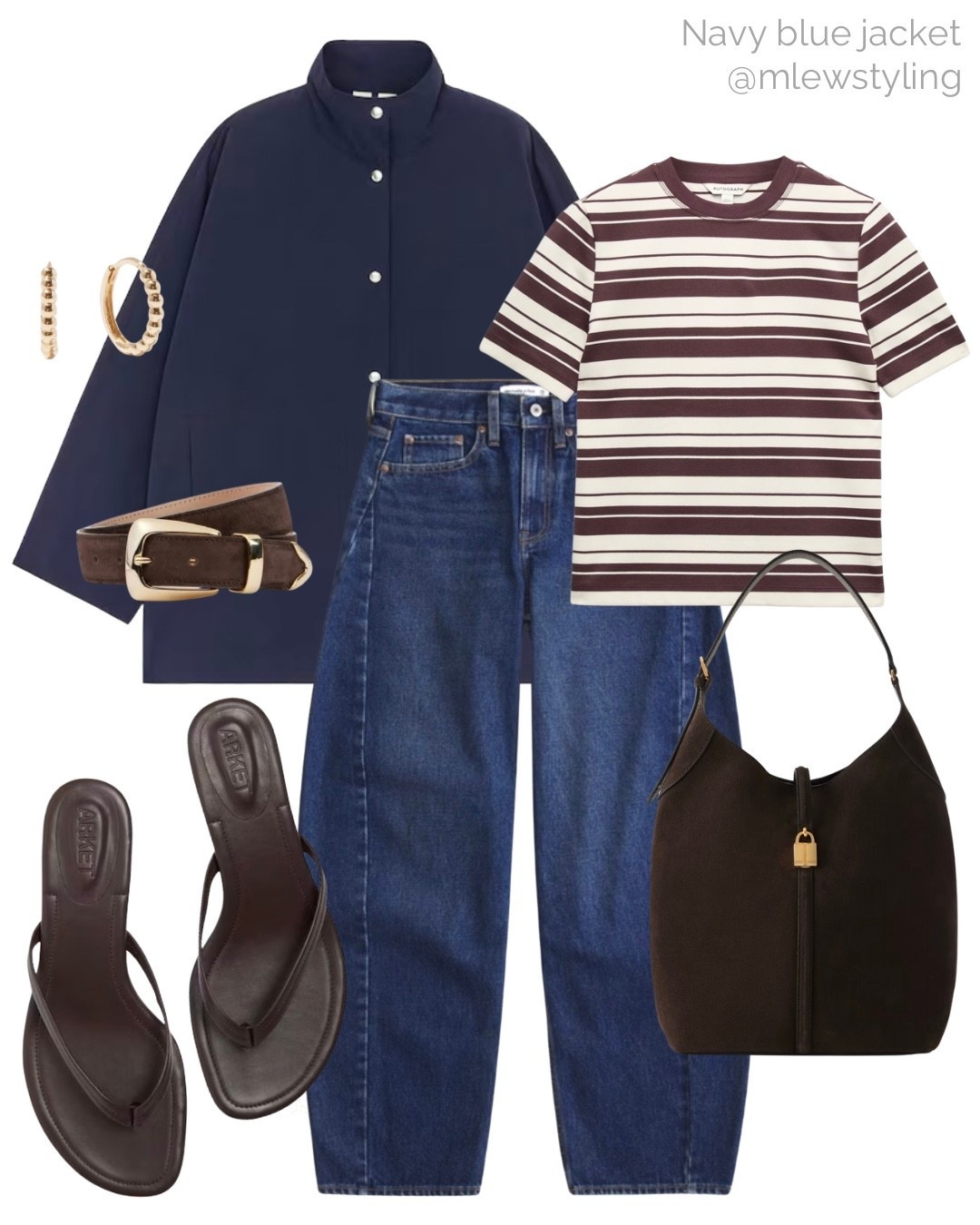 Weekend outfit with a navy blue jacket and a striped tee 🤎

Tags: Abercrombie denim, barrel leg jeans, DeMellier chocolate brown suede bag, kitten heel flip flops, Khaite suede belt, Arket spring jacket, quince hoop earringss

#LTKootd #LTKMothersDay #LTKSeasonal