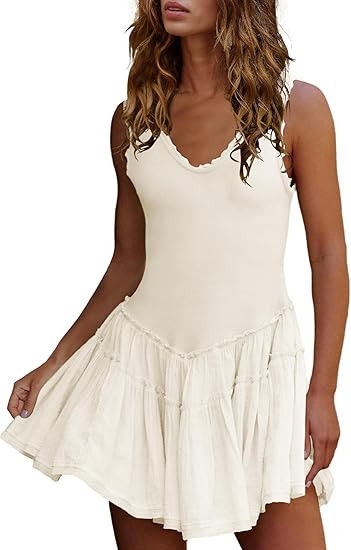 ReachMe Womens Summer Mini Dress Drop Waist Tiered Dress Short A Line Dress Sleeveless Boho Dress... | Amazon (US)