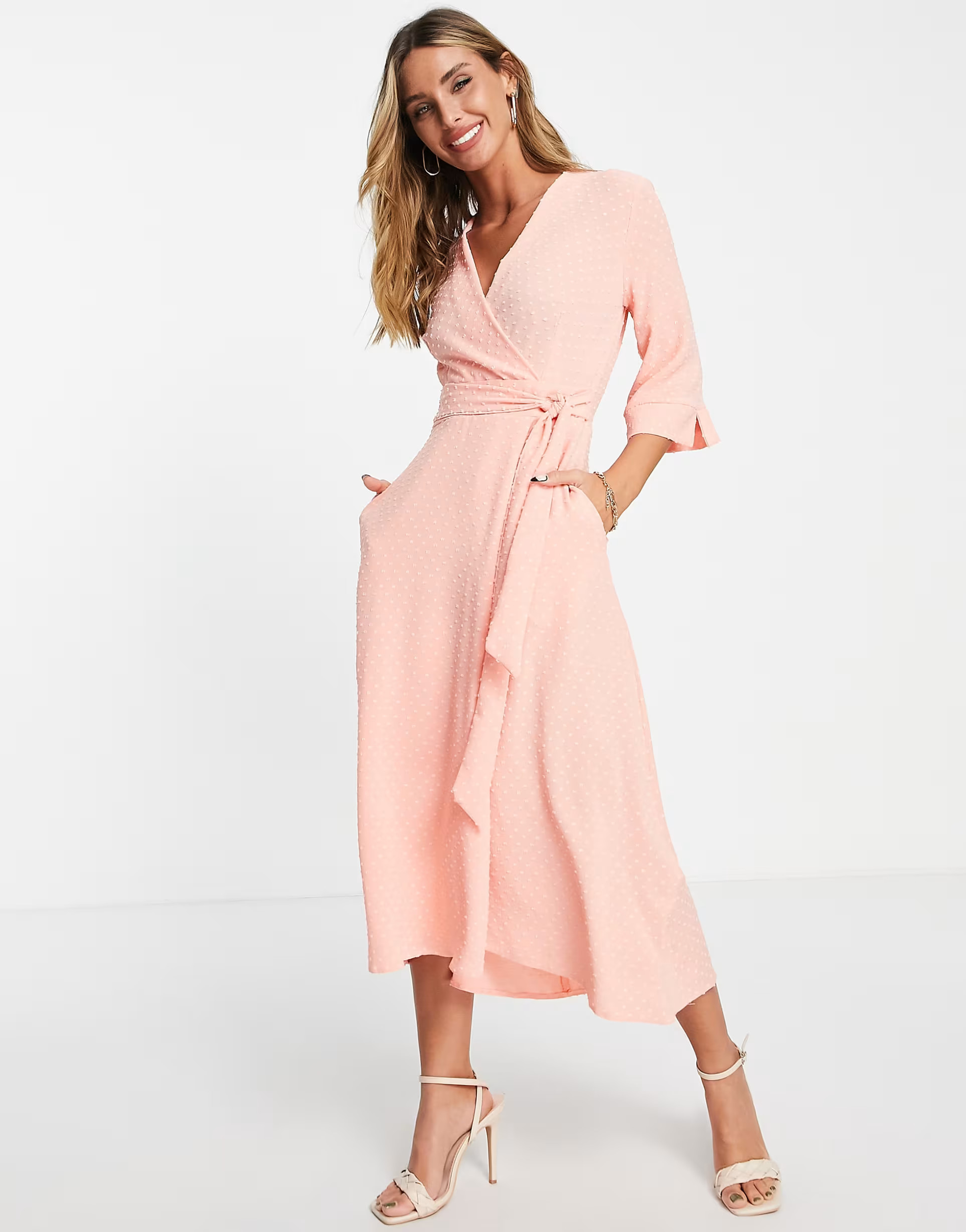 Closet London kimono wrap skater midi dress in blush | ASOS (Global)