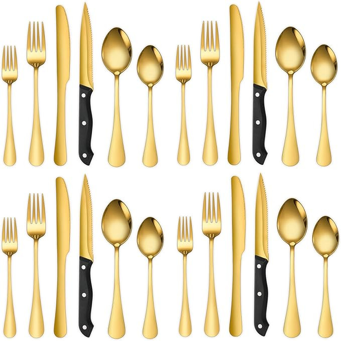 Gold Flatware Set For 4 Silverware Stainless Steel Forks and Spoons Knives Cutlery 24 Pieces Kitc... | Amazon (US)
