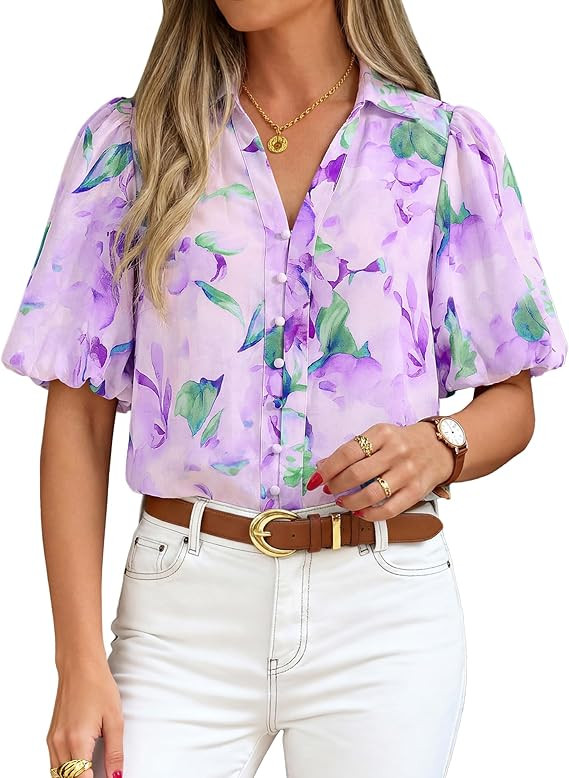 BTFBM Womens Tops Summer Button Down Shirts Casual Short Sleeve V Neck Floral Boho Business Blous... | Amazon (US)
