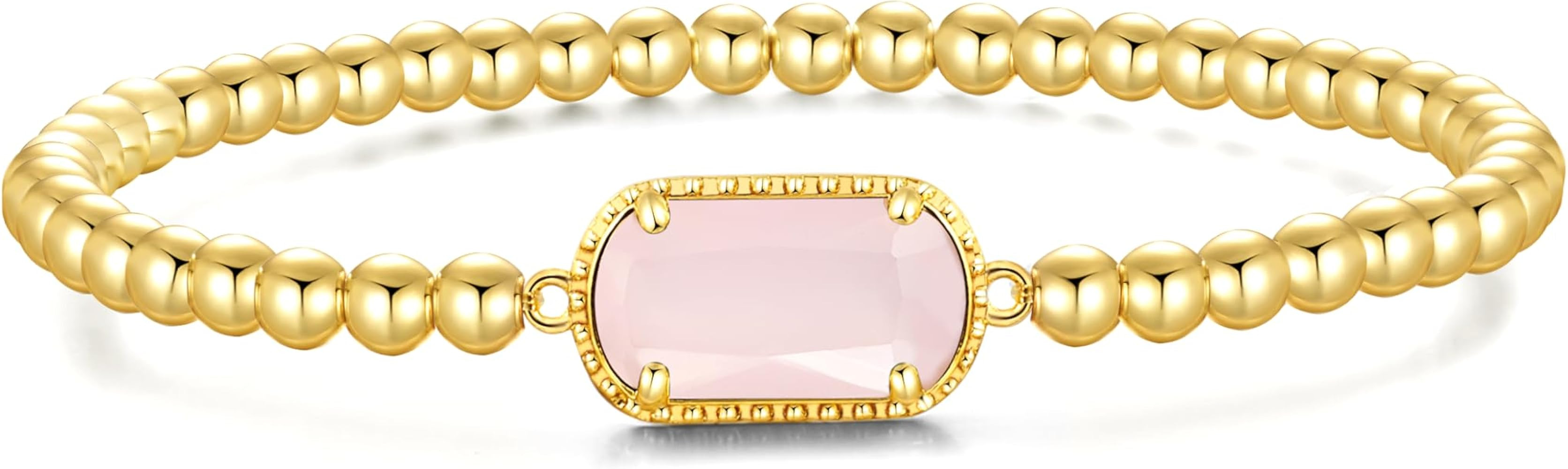 Gemstone Birthstone Bracelets For Women 14k Plated Gold Beaded Stretch Elastic Bead Ball Bracelet... | Amazon (US)