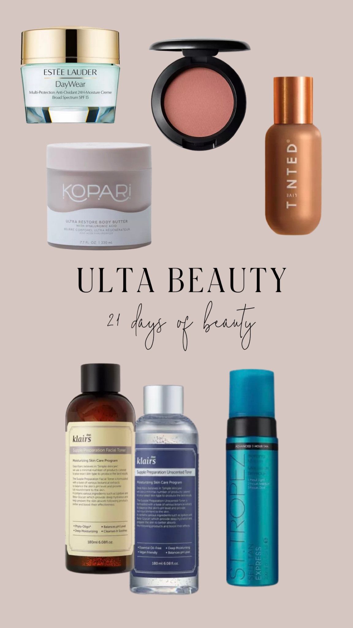 Ulta 21 days of beauty! Moisturizer, blush, tanning moose + kit, body butter, and facial toner

#LTKSale #LTKbeauty #LTKstyletip