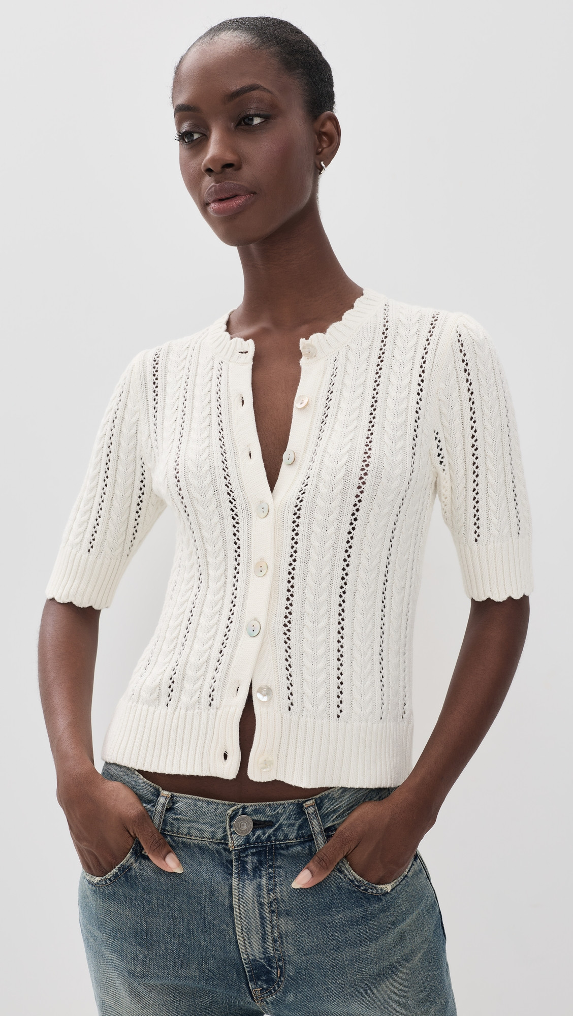 Marea Leah Pointelle Knit Cardigan Ivory M | Shopbop