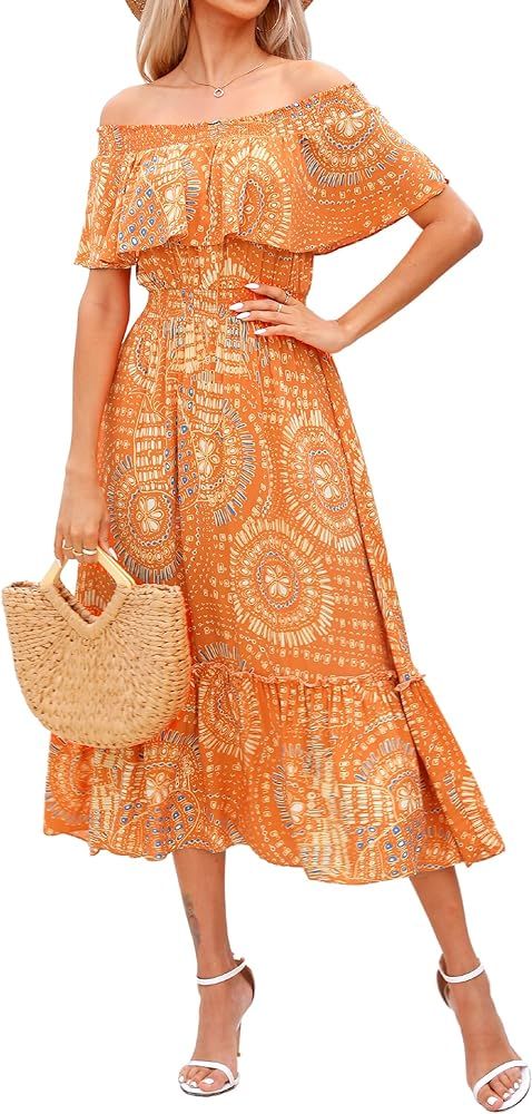 Prettywear Women's Casual Boho Off Shoulder Midi Dress Floral Print Short Sleeve A Line Flowy Sum... | Amazon (US)