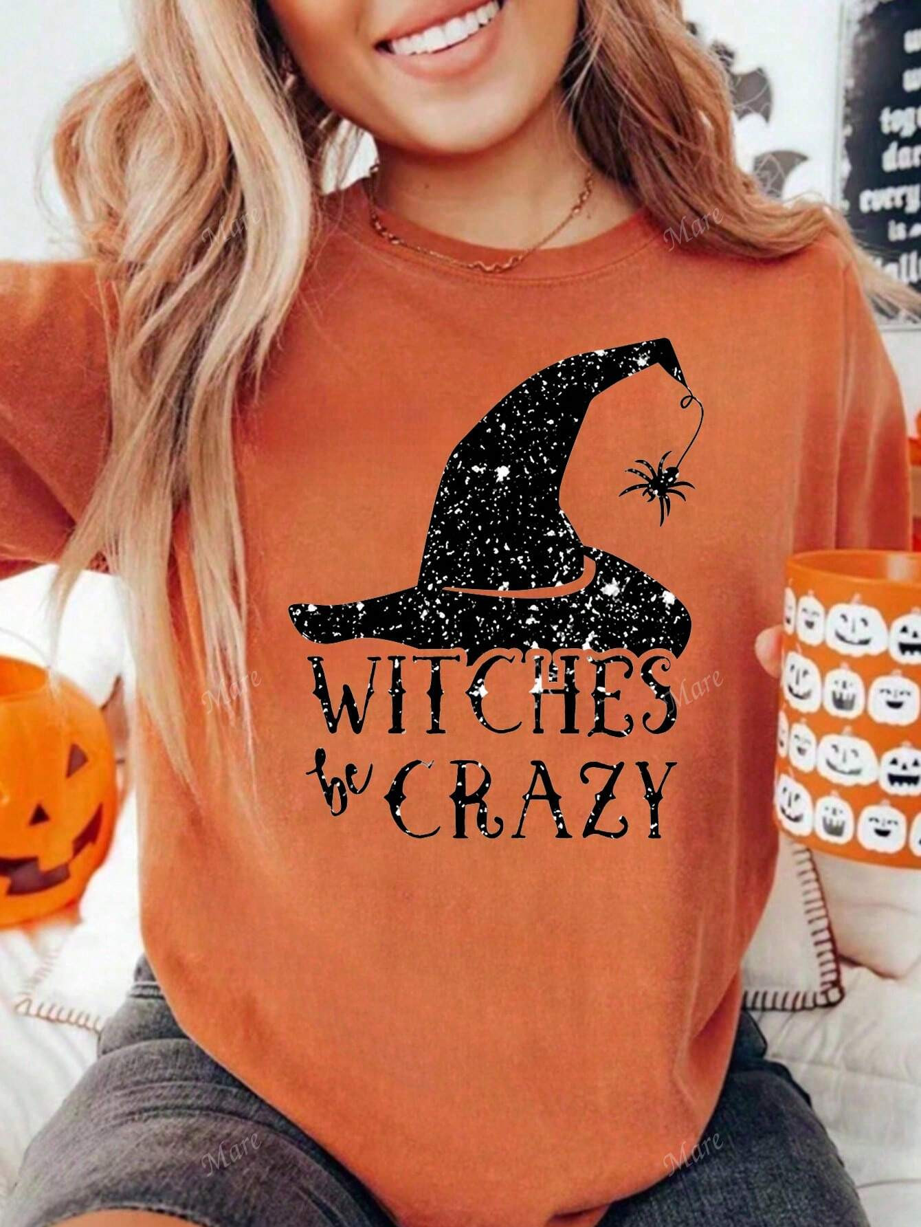 TrendsHalloween Witch Hat Slogan Print Casual Crew Neck Short Sleeve T-Shirt | SHEIN