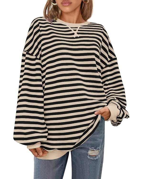 Womens Oversized Striped Sweaters Color Block Long Sleeve Crew Neck Sweater Casual Loose Pullover... | Amazon (US)