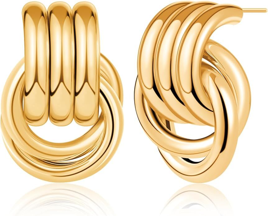 Chunky Gold Knot Earrings for Women, Statement Geometric Dangle Earrings, Trendy Gold Plated Earr... | Amazon (US)